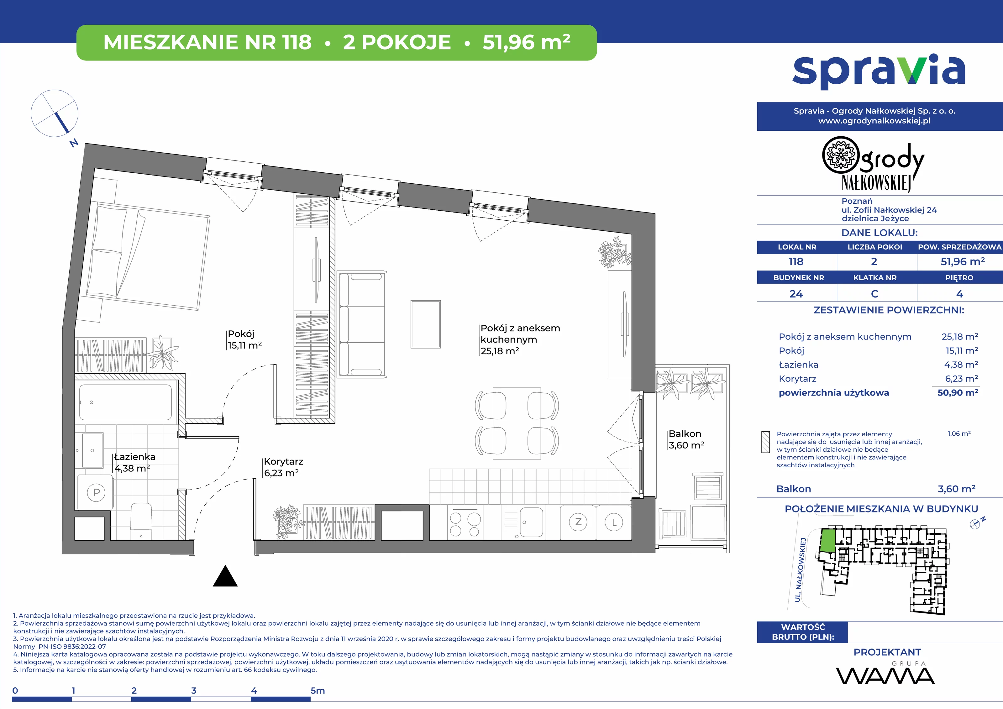 2 pokoje, mieszkanie 51,96 m², piętro 4, oferta nr 24-118, Ogrody Nałkowskiej, Poznań, Ogrody, ul. Nałkowskiej 24, 26